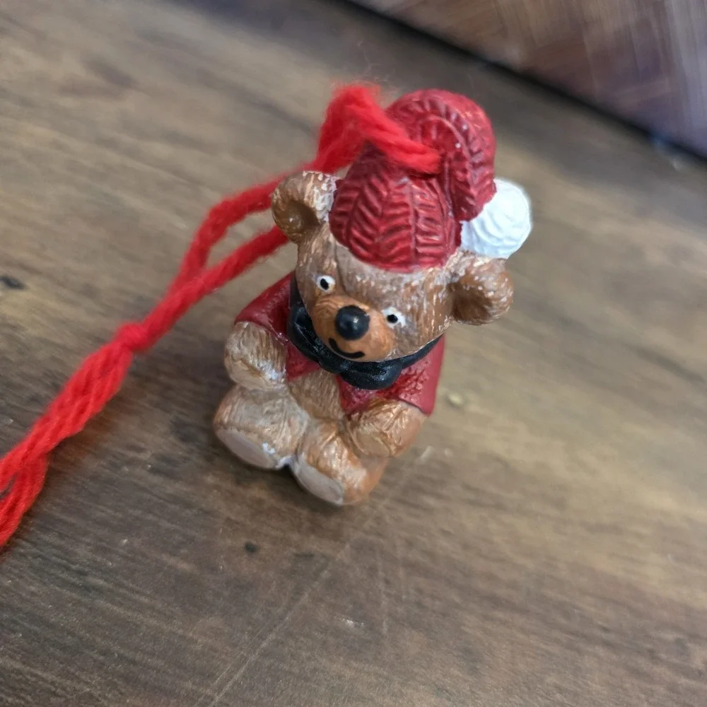 TEDDY BEAR in Santa Hat ‎ & Red Coat Christmas Ornament Ceramic Painted Vintage